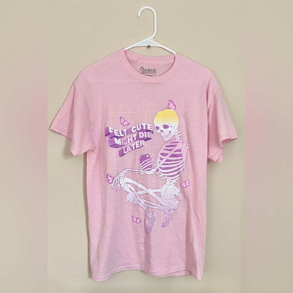 Spencer’s Pink Glittery Skeleton Butterflies Felt Cute Might Die Later T-Shirt M